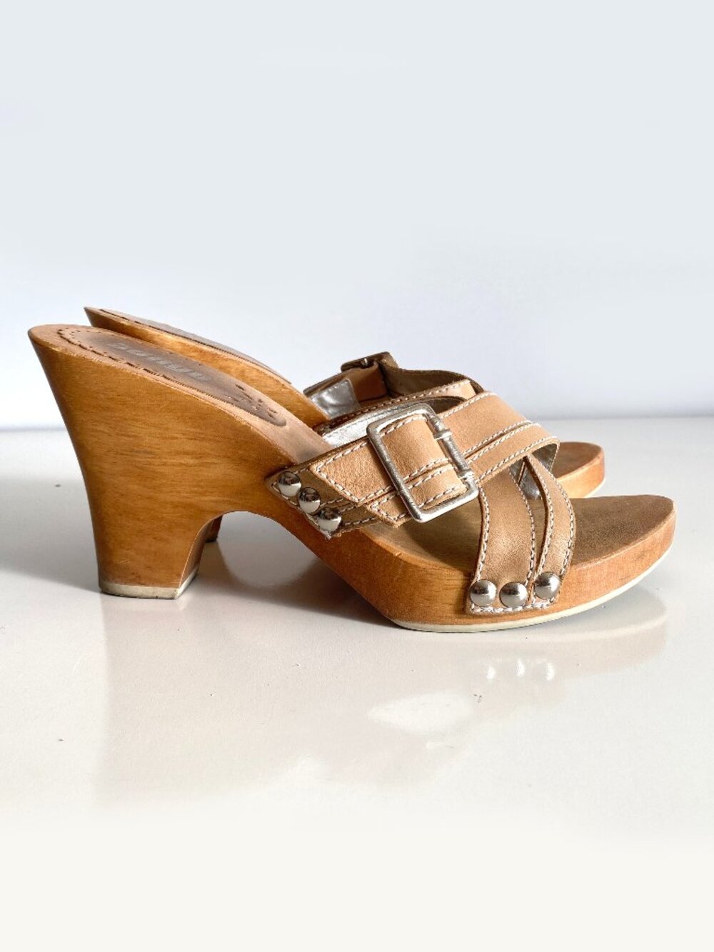 Y2K Bongo Women's Brown Leather Strappy Wedge Sandals Buckle Wood Insole US 8